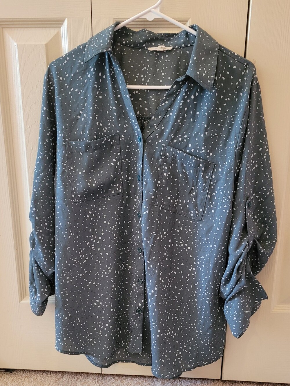 Maurices Slate Blue Button-Front Top with White Dot Print LARGE